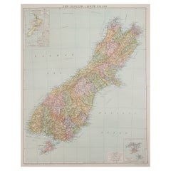 Large Original Antique Map of New Zealand, South Island, circa 1920