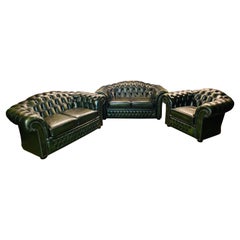 Vintage Original Chesterfield Set 2 Two-Seater Sofa and Armchairs Green by Centurion