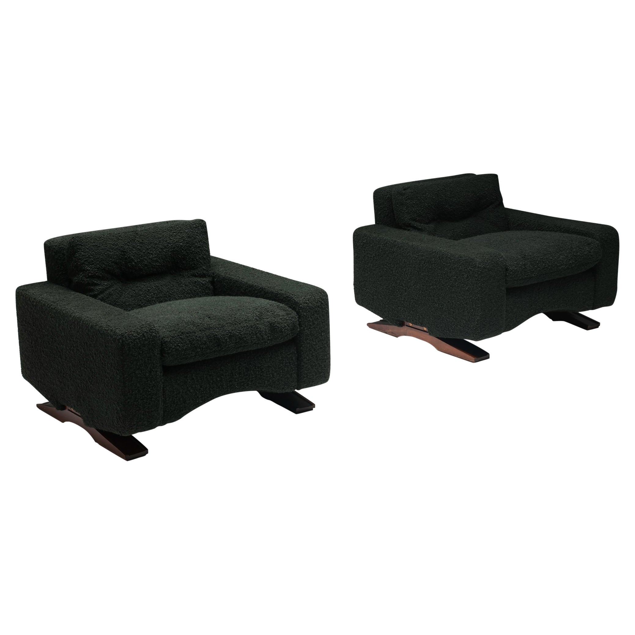Franz Sartori for Flexform, Pair of Lounge Chairs in Dark Green Boucle, Italy
