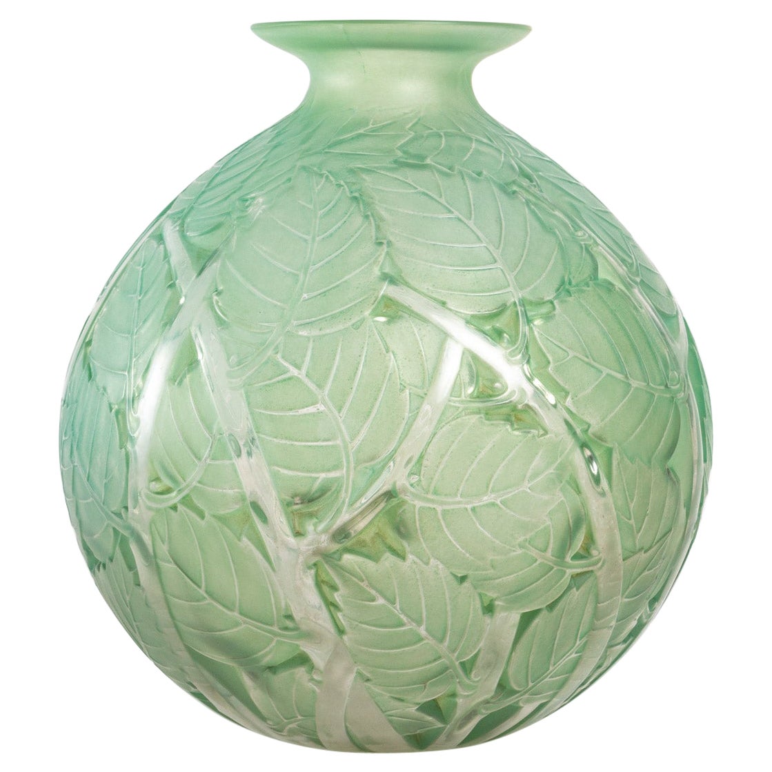 1929 René Lalique Milan Vase in Frosted Glass with Green Patina