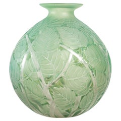 1929 René Lalique Milan Vase in Frosted Glass with Green Patina