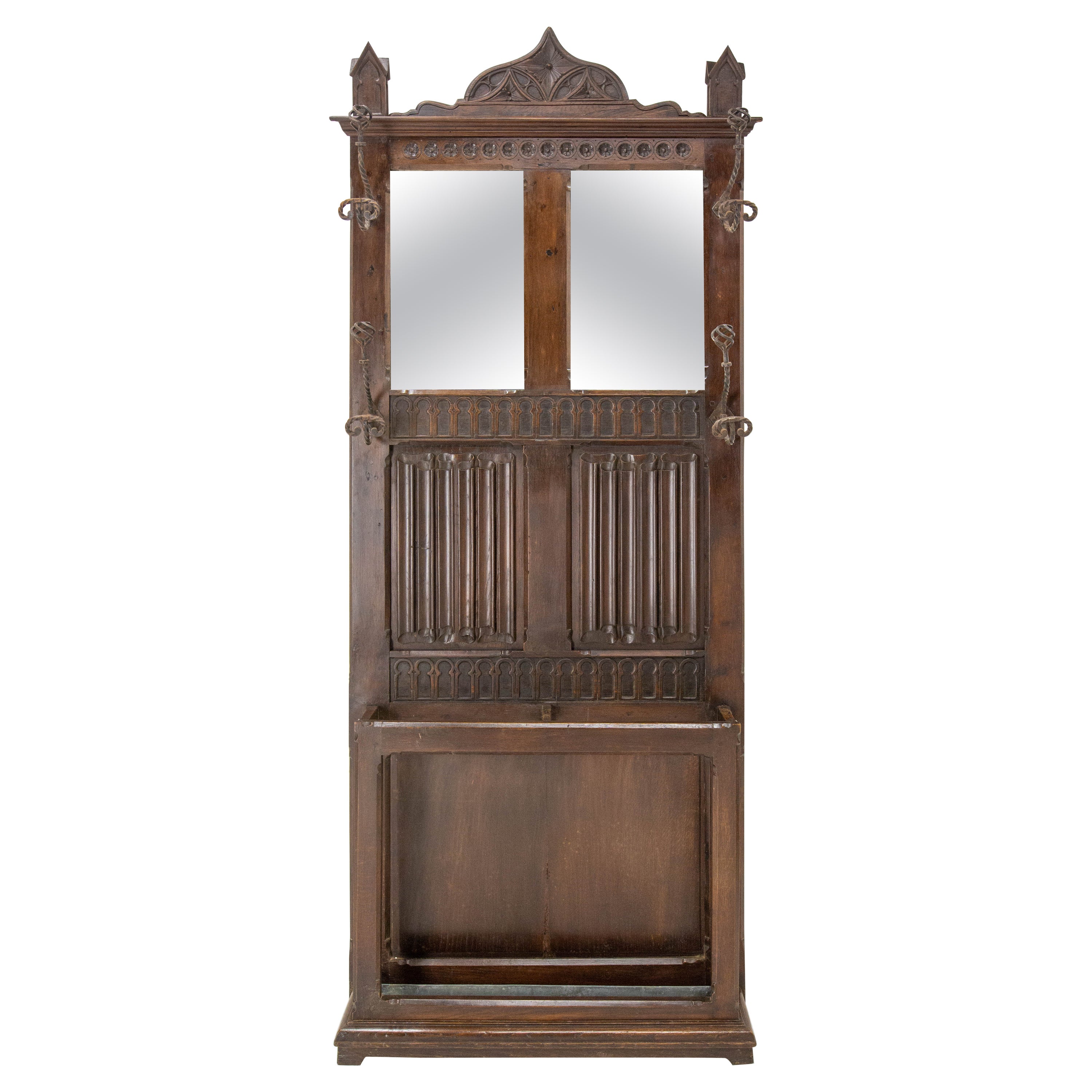 Porte-Manteau Chapeau Oak Stand Style Gothique avec Miroirs Milieu 19ème siècle
