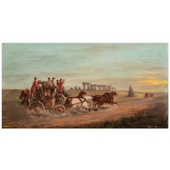 Antique Old Stagecoach Oil on Board Painting