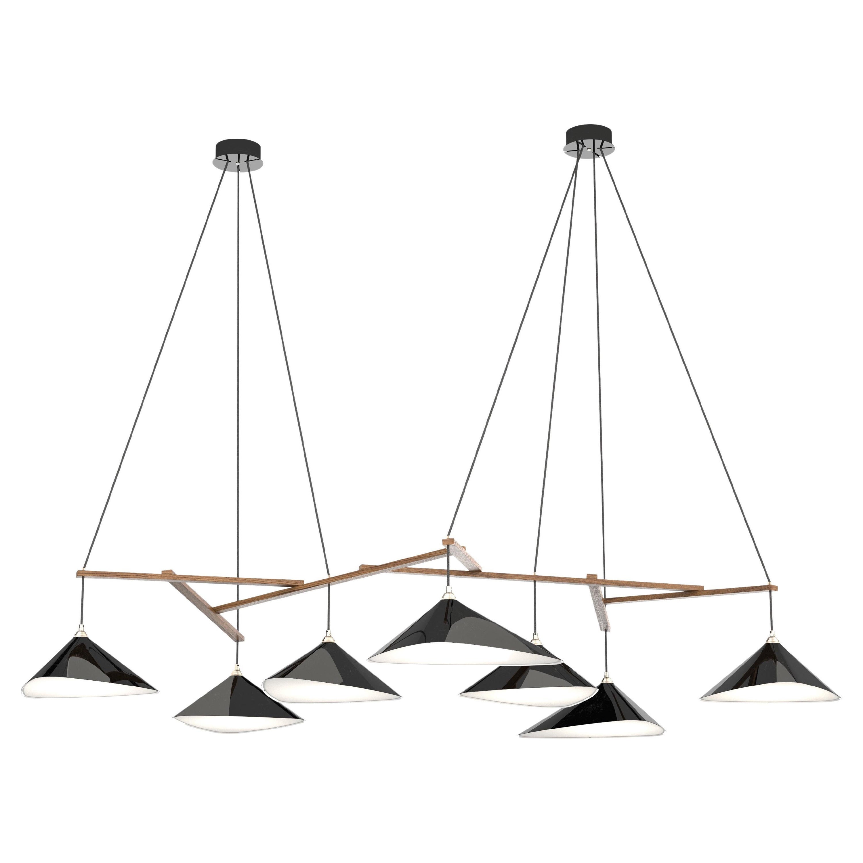 Monumental Daniel Becker 'Emily 7' Chandelier in Glossy Black and Oak Frame