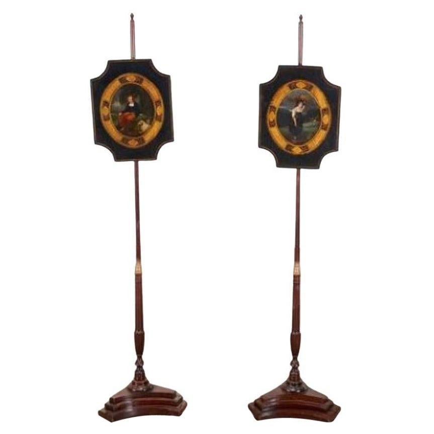 19th C. Regency Painted Pole Fire Screens, a Pair, The Betty Seeler Collection For Sale