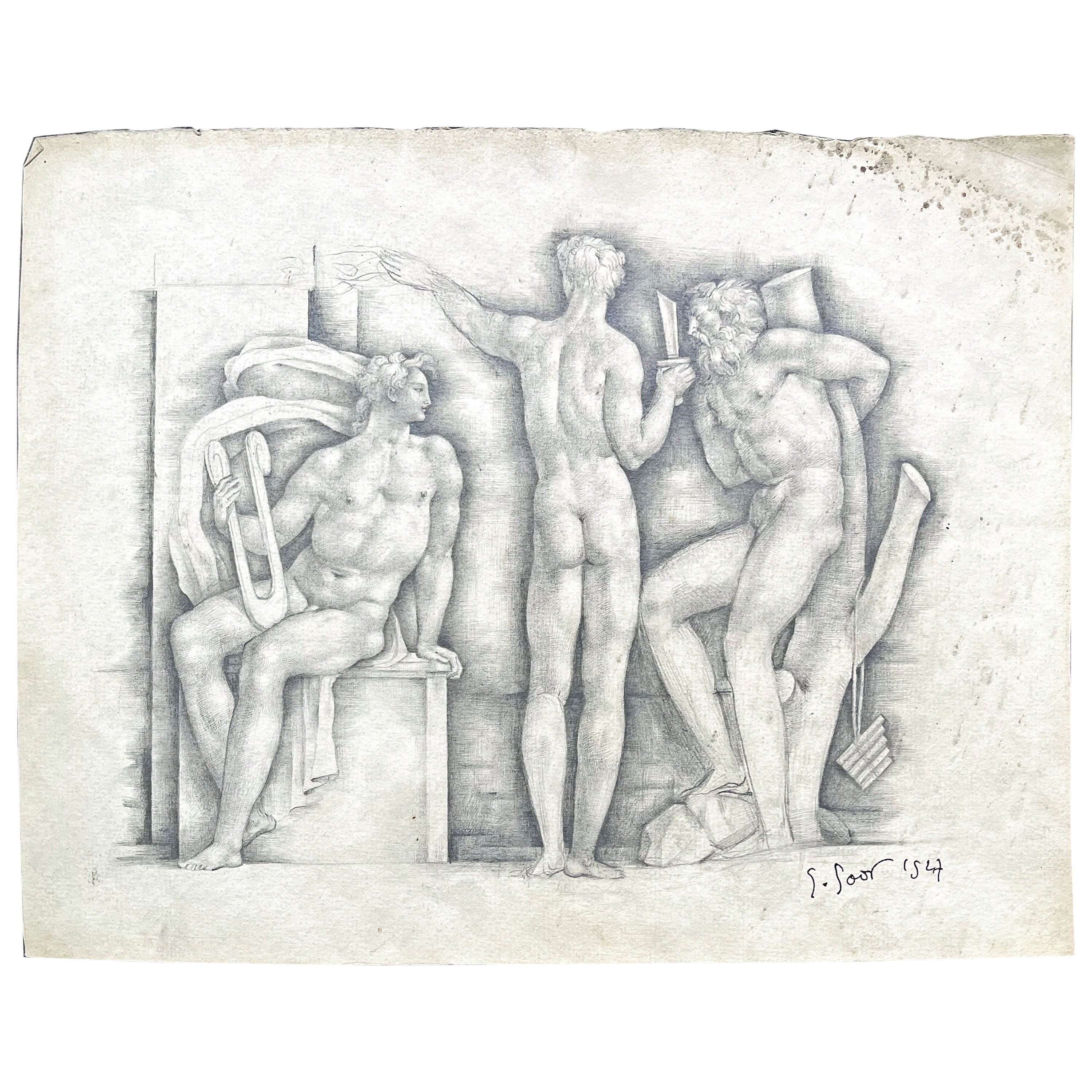 "Apollo, Hyacinthus and Cyparissus, " Exceptional Art Deco Drawing by Goor, 1947 For Sale