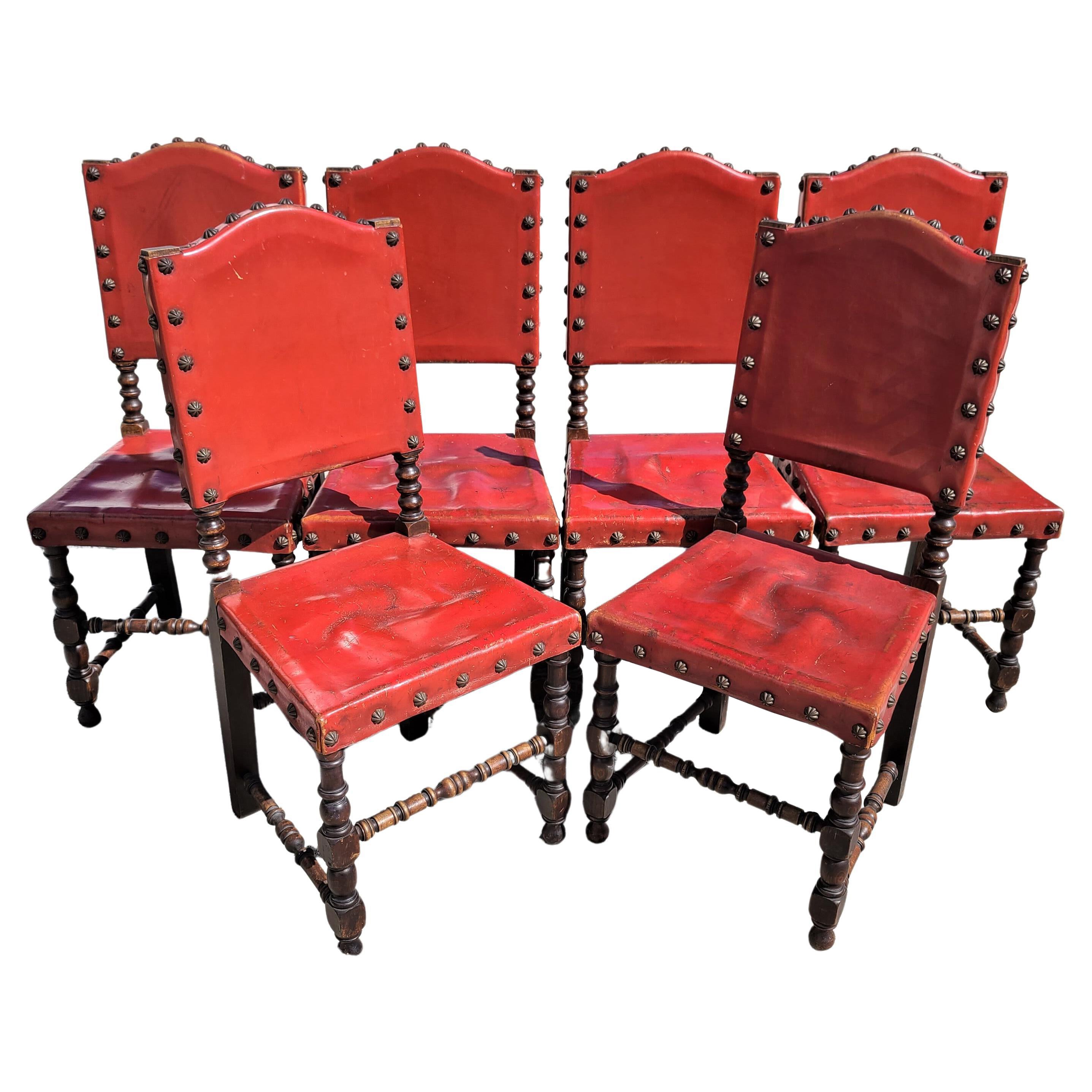 Chaises de salle à manger en cuir rouge de style néo-renaissance espagnole, lot de 6