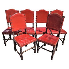 Vintage Spanish Renaissance Revival Red Leather Dining Chairs, Set of 6