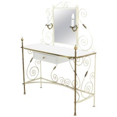 Decorative Vanity Dressing Table Milk Glass Top Metal Scrolls Brass Hardware