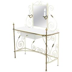 Decorative Vanity Dressing Table Milk Glass Top Metal Scrolls Brass Hardware 8
