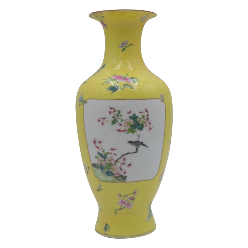 Qing Dynasty Rare Chinese Famille Rose Porcelain Vase Yellow Ground Enamel Panel