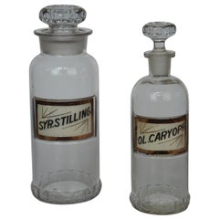 Antique Pair of 1891 Glass Apothecary Pharmacy Chemist Bottles Decanter Jar