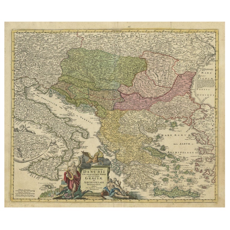 Antique Map of Greece with an Inset Map of the Upper Danube Region, c.1720 For Sale