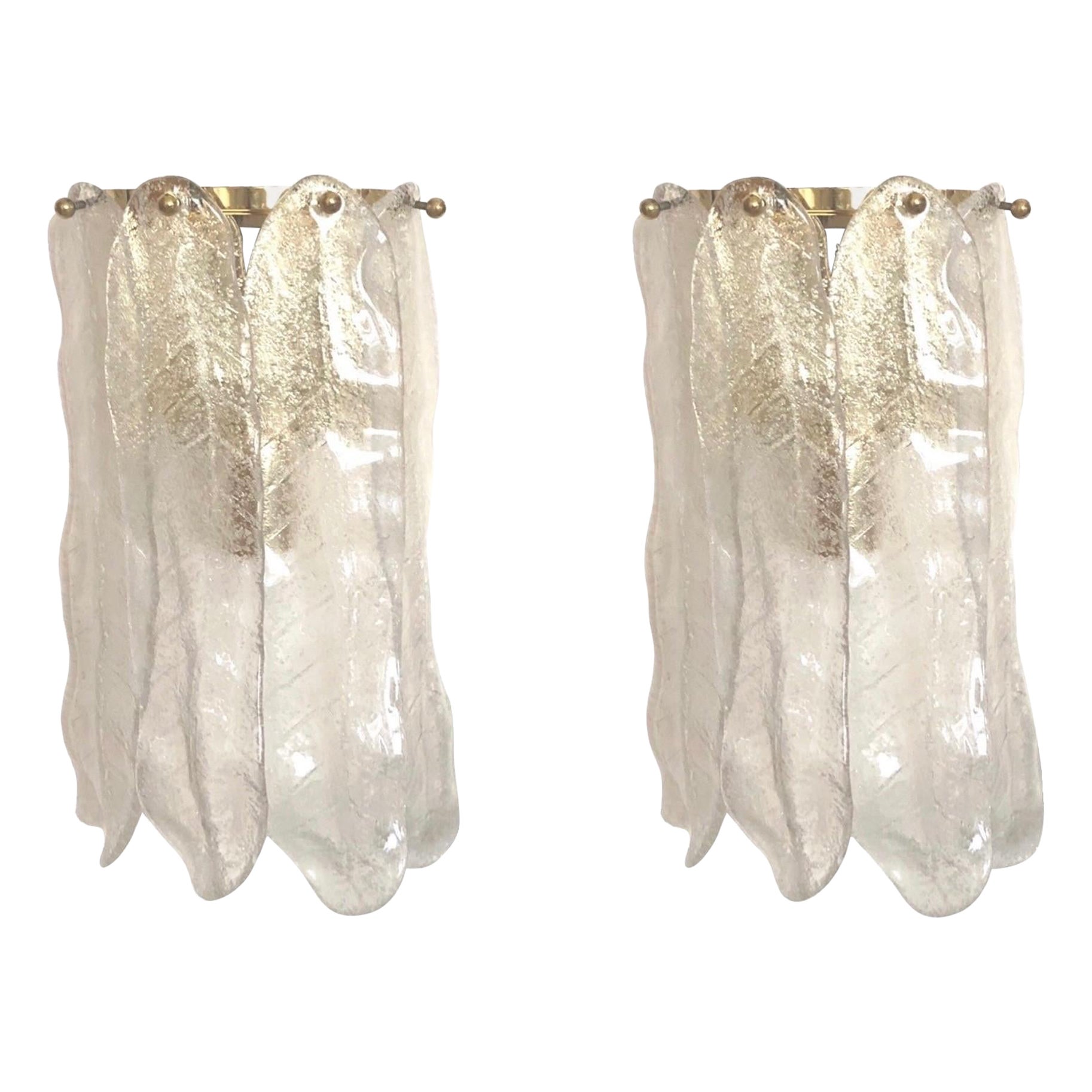 Italiian Midcentury Pair of Leaf Clear Murano Wall Sconces by Mazzega, 1970s