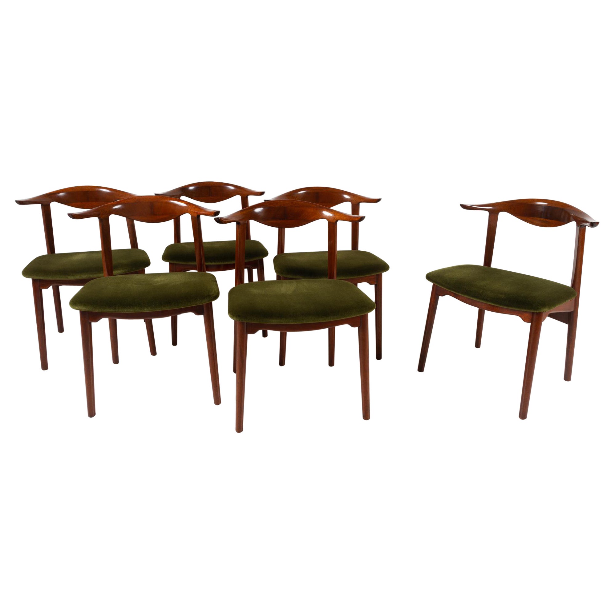 Vintage Danish Mahogany Cowhorn Chairs 1940s, Set of 6 For Sale