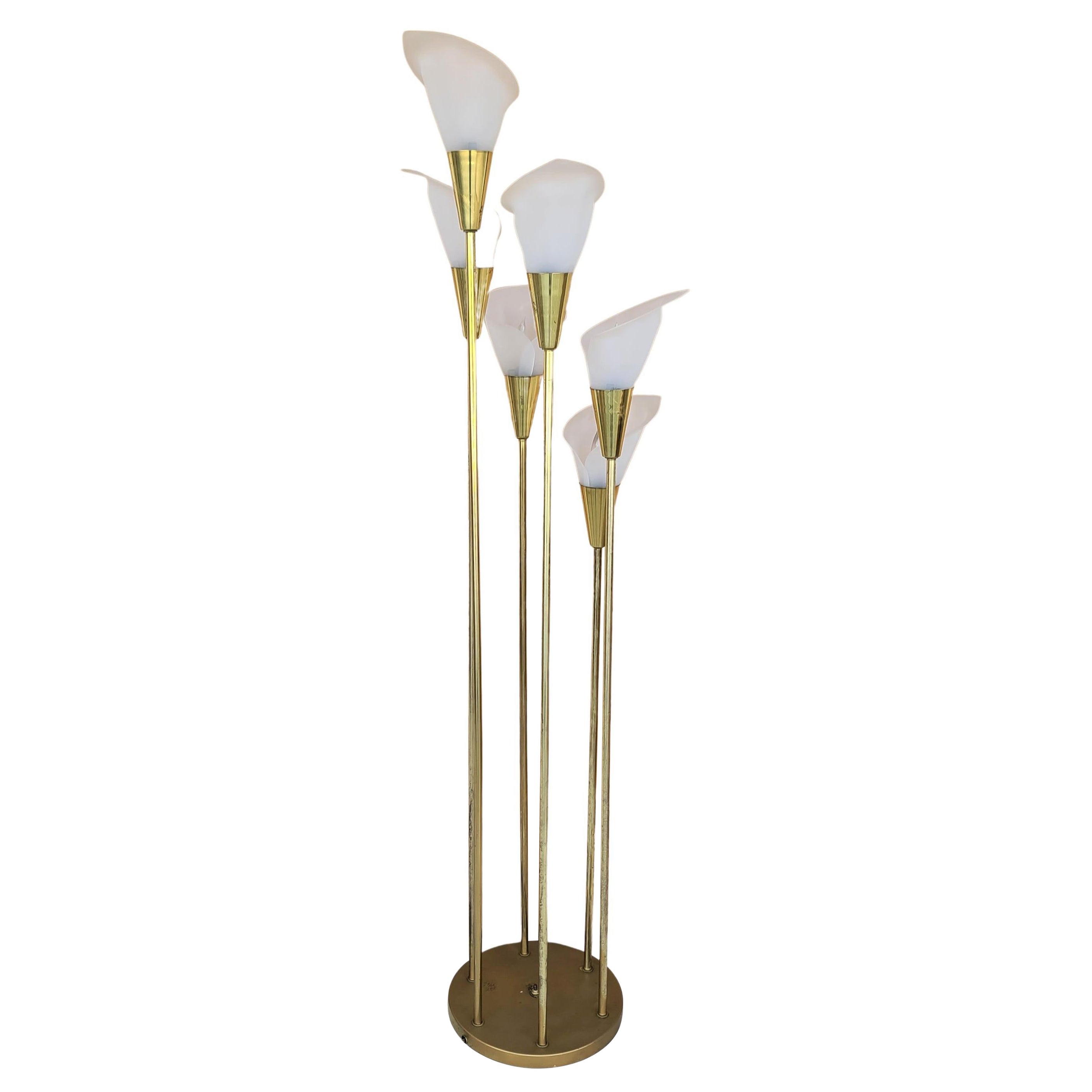 1960s Hollywood Regency 6 Light White Calla Lily Flower Brass Floor Lamp