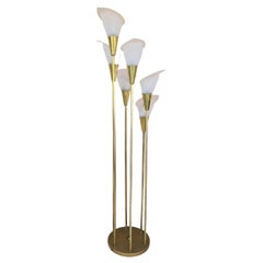 Retro 1960s Hollywood Regency 6 Light White Calla Lily Flower Brass Floor Lamp