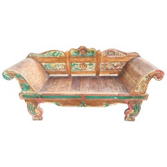 Early 20th Century Javanese Teak Carved Floral Polychrome Sofa Bench