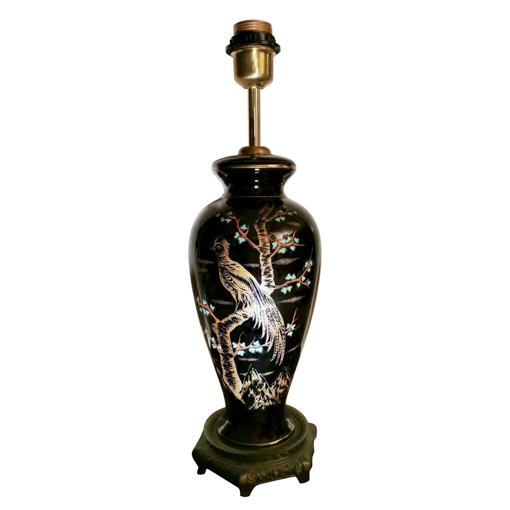 Seltene französische Porzellan-De Paris-Lampe aus schwarz poliertem Porzellan, handbemalt