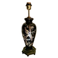 Antique Porcelaine De Paris Rare French Lamp in Black Polished Porcelain Hand Painted