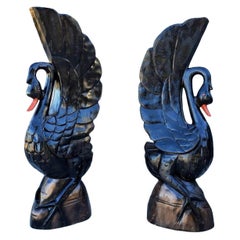 Antique Monumental Architectural Black Swan Sculpture Pair