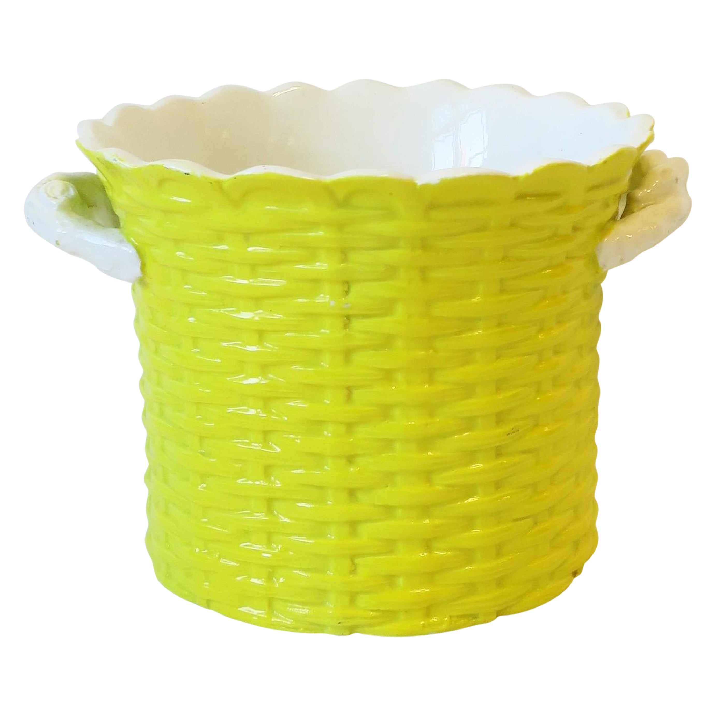 Italian Yellow Ceramic Wicker Ice Bucket or Cachepot w/Scalloped Edge, 1960s
