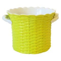 Italian Yellow Ceramic Wicker Ice Bucket or Cachepot w/Scalloped Edge, ca. 1960s