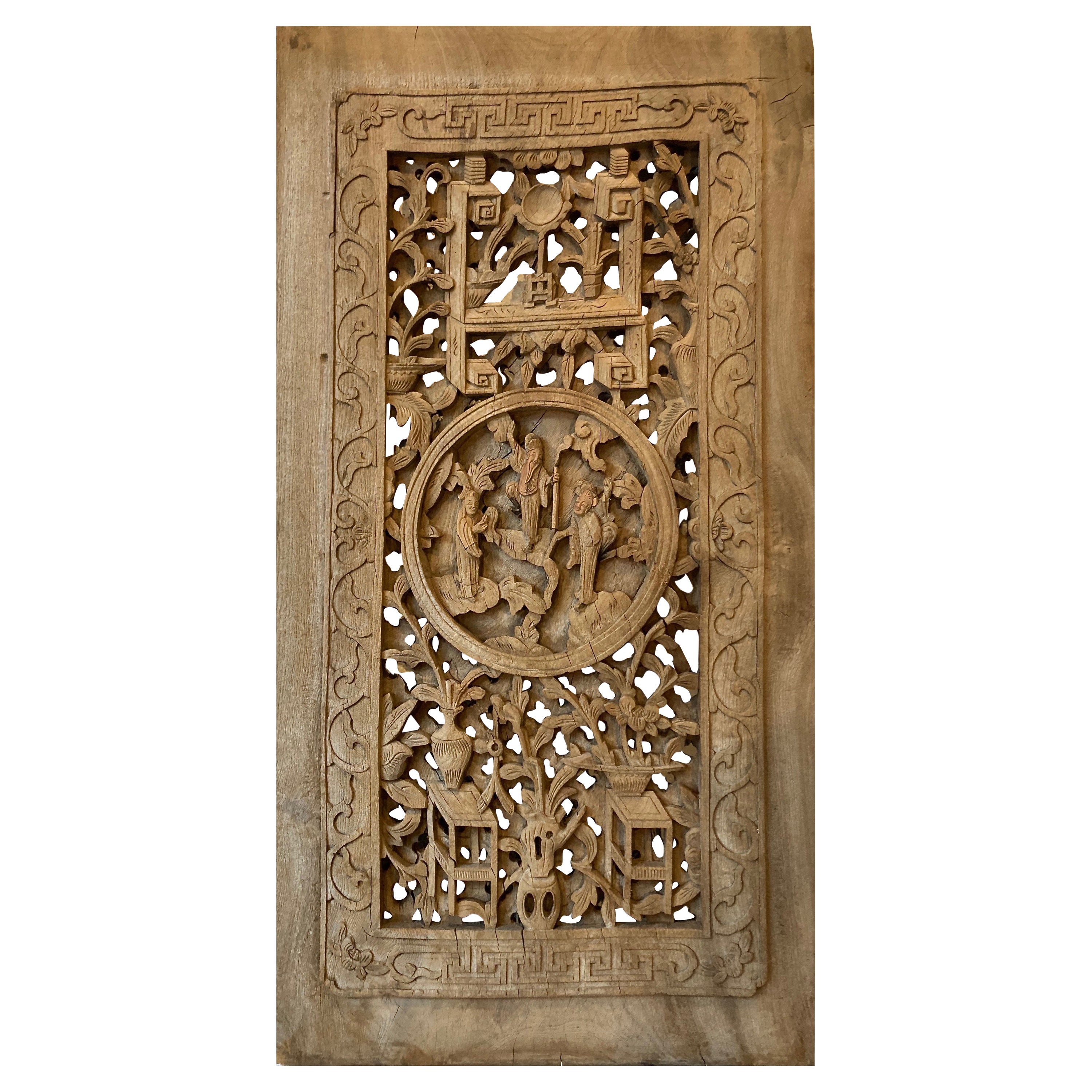 Antique Chinese Carved Wood Window Panel For Sale