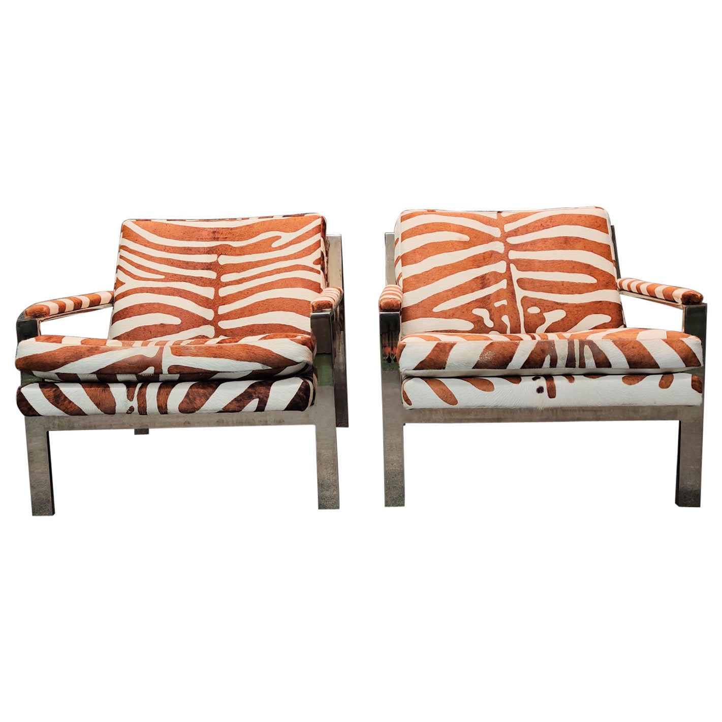 Pair of Cy Mann Attributed Flat Bar Lounge Chairs in Cowhide
