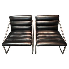 Ward Bennett, Brickle Pair "Open Frame" Lounge Chairs Chrome and Black Leather