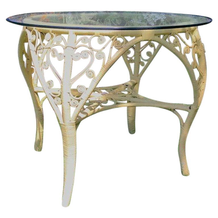 Wicker Table Glass Top Heart Shaped Scroll Wicker Patio Table For Sale