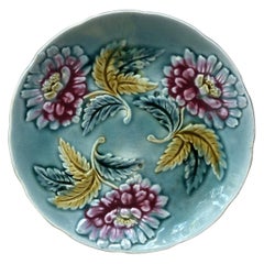 French Blue Majolica Plate with Red Flowers Circa 1890