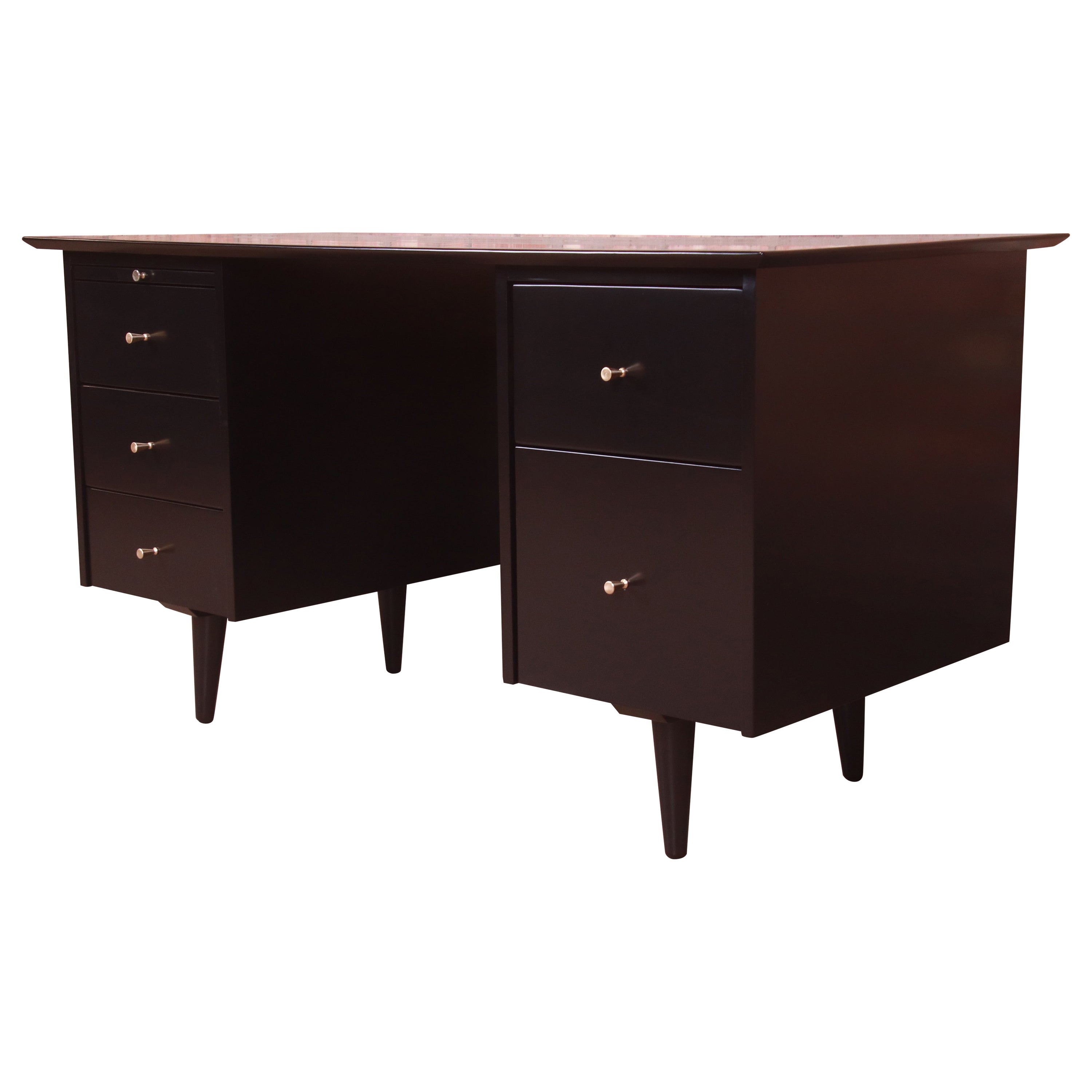 Paul McCobb Planner Group Black Lacquered Double Pedestal Desk, Newly Refinished For Sale
