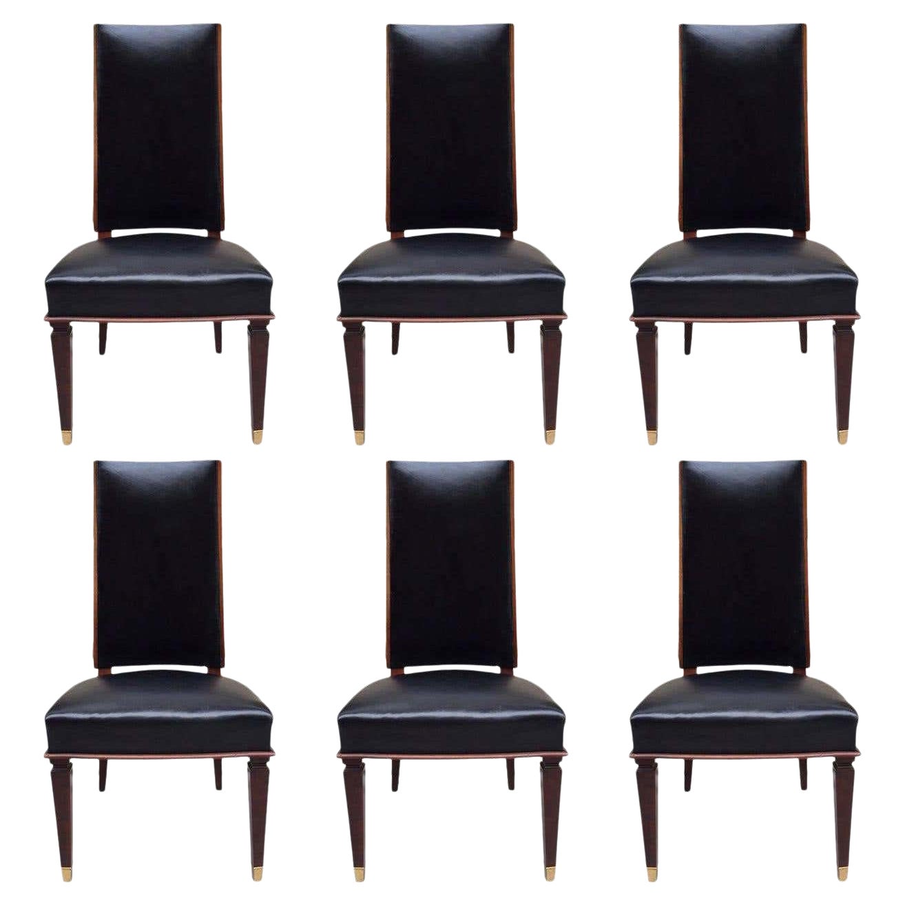Six chaises de salle à manger en cuir dans le style d'Andre Arbus