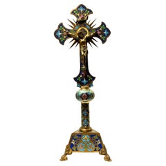 French 19th Century Champleve Enameled Bronze Crucifix