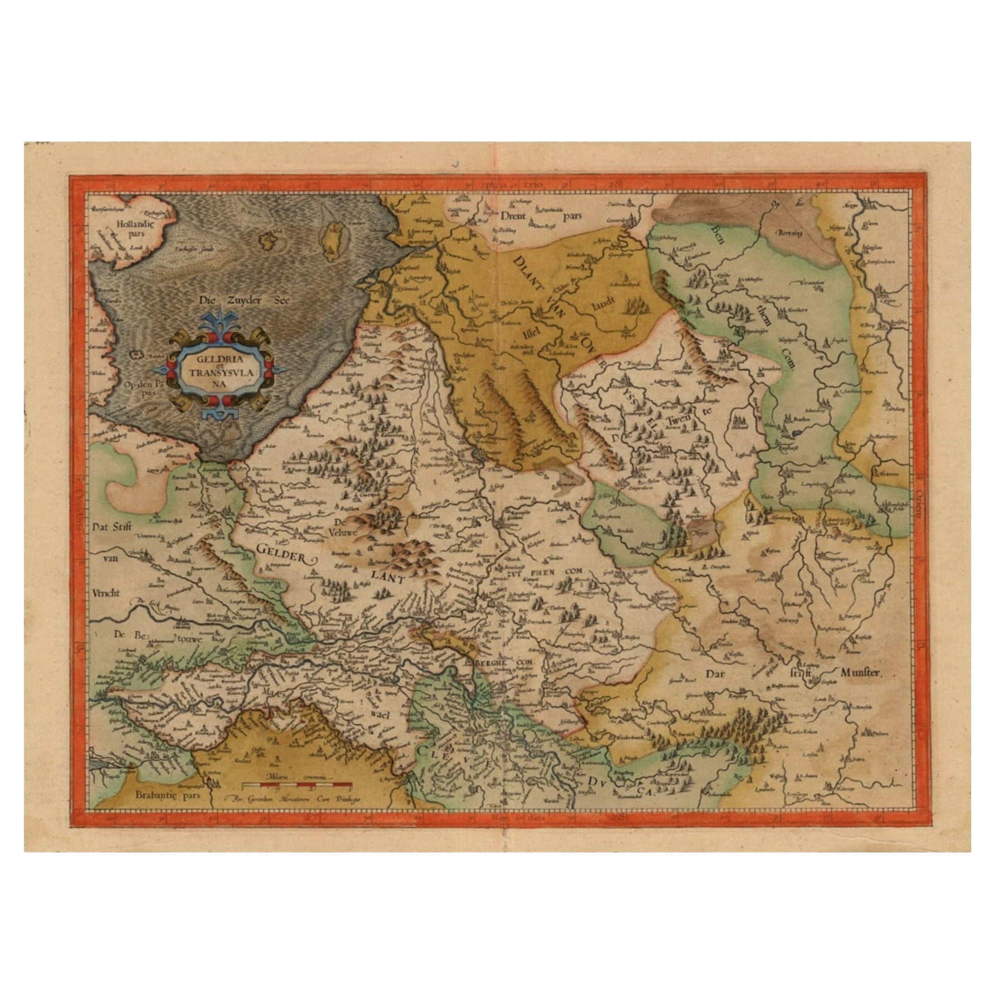 Frühantike Karte von Gelderland und Overijssel in den Niederlanden, um 1625