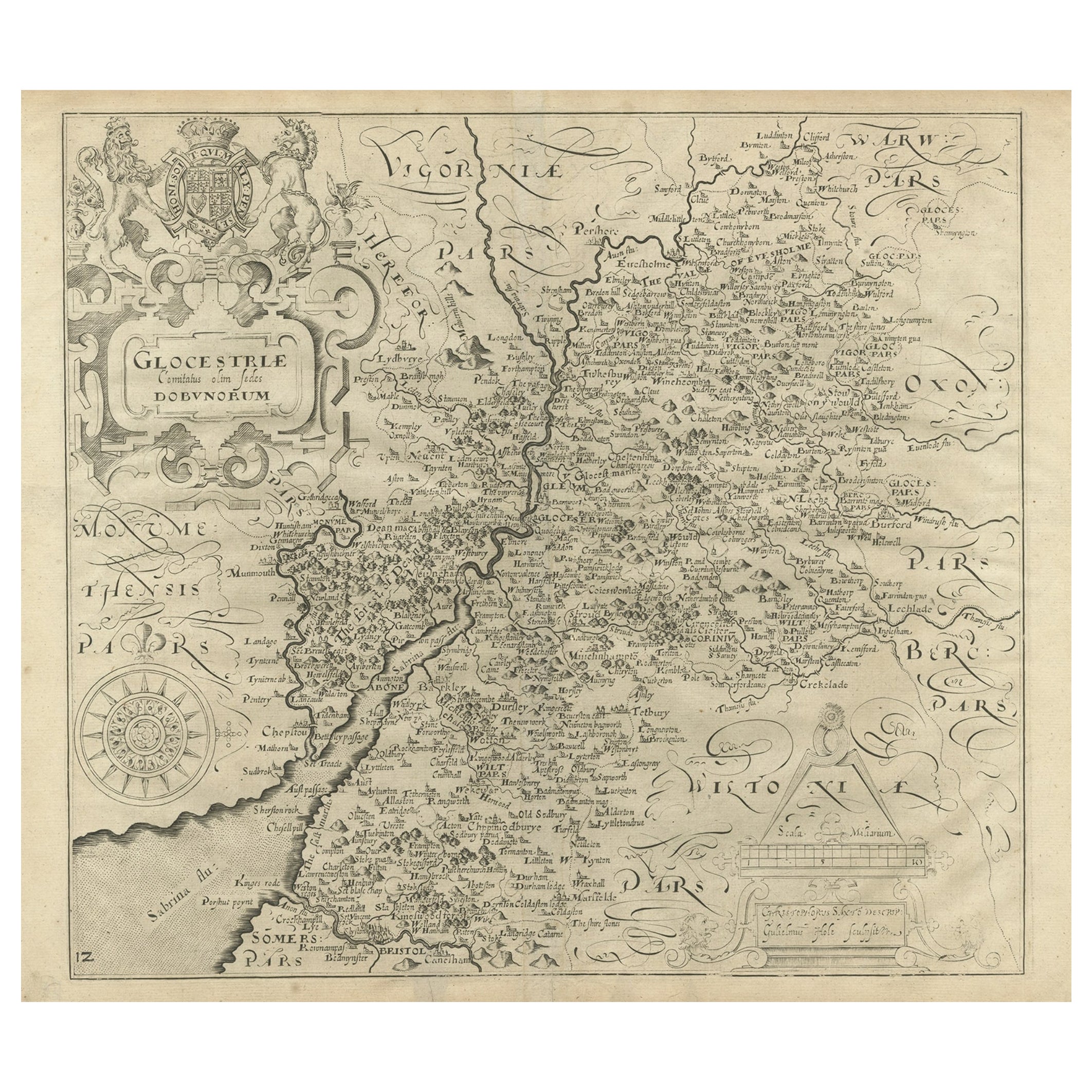 Antique Map of Gloucestershire in Britain by Camden, 1637 For Sale