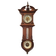 Unusual Antique Wall Clock with Thermometer and Aneroid Barometer Incorporated