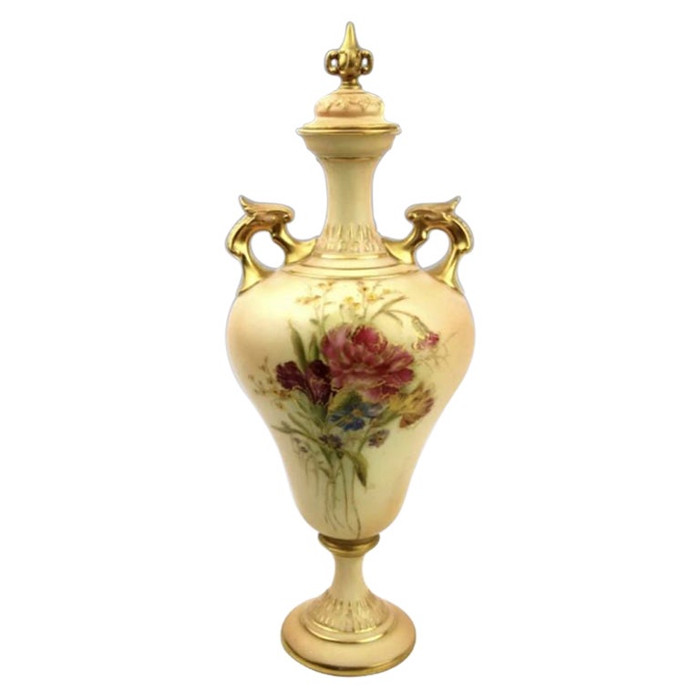 Antique Royal Worcester Blush Ivory Pedestal Vase with Lid For Sale