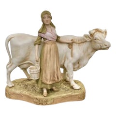 Antique Royal Dux Figure Group of Cow and Milk Maid
