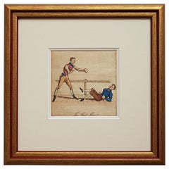 Antique Hand Coloured Print of a Boxing Scene in Frame, ca.1835