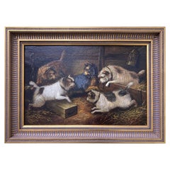 Super Victorian Oil Painting of Five Terriers in A Barn by George Armfield