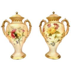 Pair of Antique Royal Worcester Two Handled Blush Ivory Pot Pourri Vases