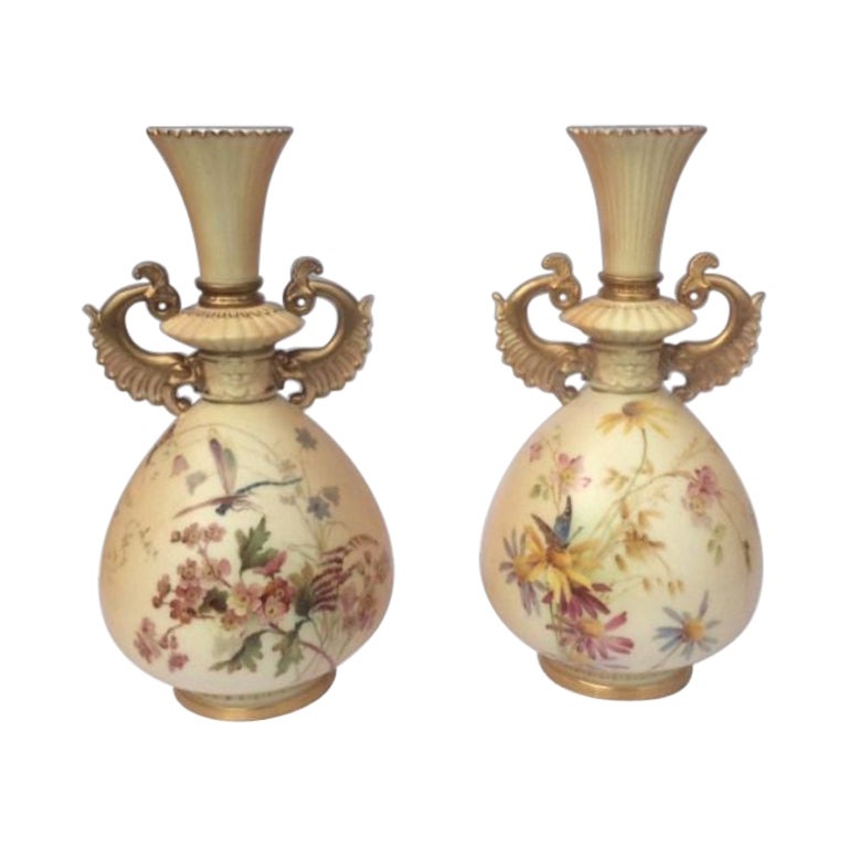 Very Fine Pair of Antique Painted & Blush Ivory Royal Worcester Vases, 1893 For Sale