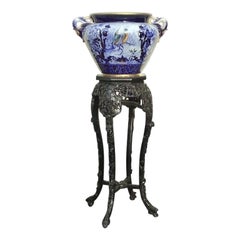 Large Blue and White Antique Jardiniere on Stand