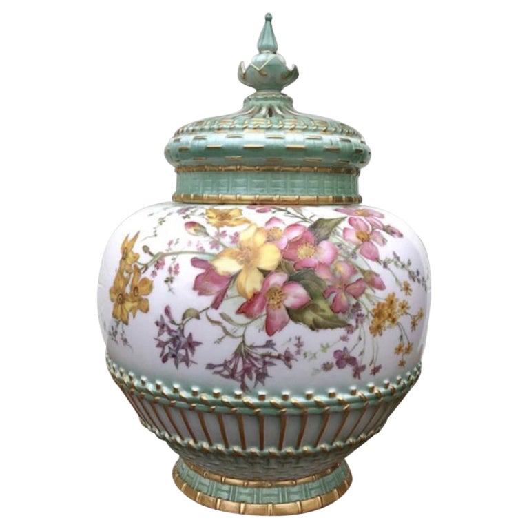 Large Antique Royal Worcester Pot Pourri Jar and Crown Cover For Sale