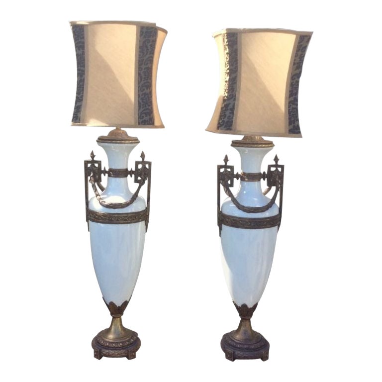 Pair of Large Antique Bronze and White Glass Table Lamps For Sale