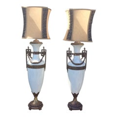 Pair of Large Antique Bronze and White Glass Table Lamps