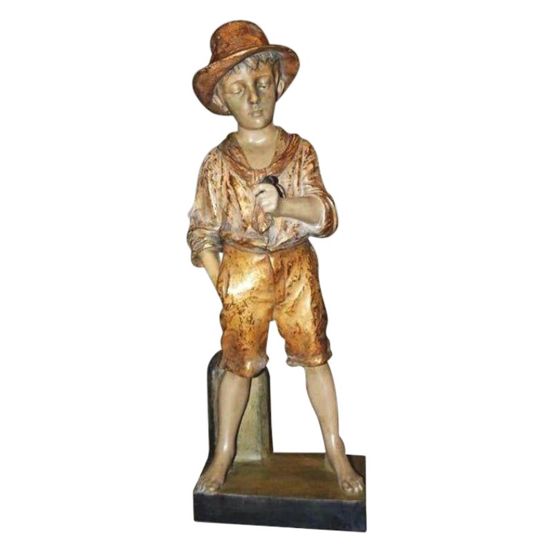 Antique-European Superb Small Artisan Crafted Bronze Statue of A Cobbler's Boy Smoking On Marble Base-circa 1910