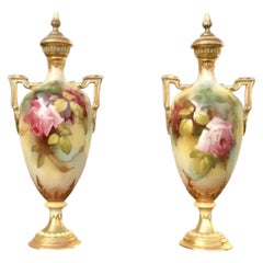 Pair of Antique Royal Worcester Vases Painted with Roses
